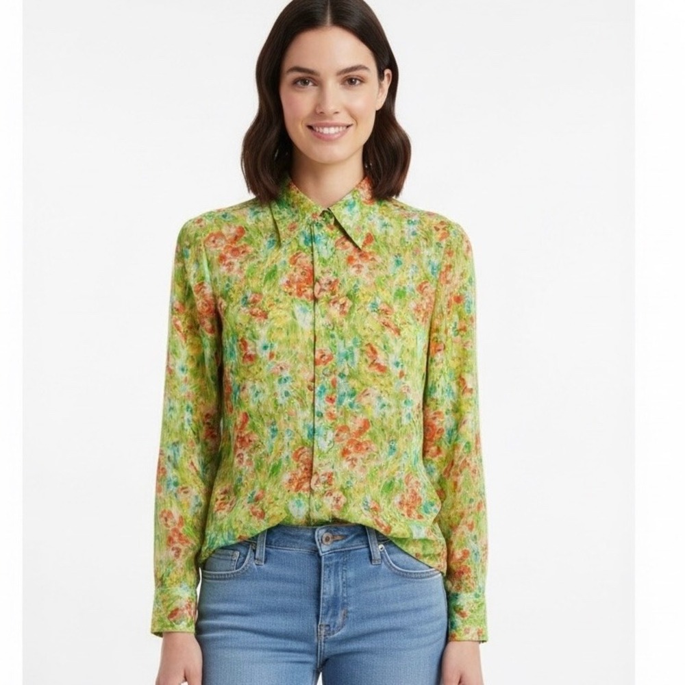 Vintage 70s 80s Lady Manhattan Blouse Top Women Small Floral Long Sleeves Green